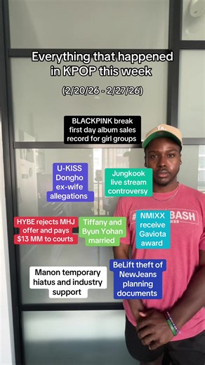 We going eco friendly yall ! Everything that happened in kpop this week: 2/20/26 - 2/27/26 1. HYBE and Geffen announced Manon to take a health hiatus which she later went on to deny. Fans have theorized about her mistreatment, and of black girl group members in general, causing multiple black female celebrities to follow and support Manon 2. HYBE has rejected Min Heejin’s offer to forgo her settlement money if all lawsuits are dropped against NewJeans and instead paid Korean courts $13 million f