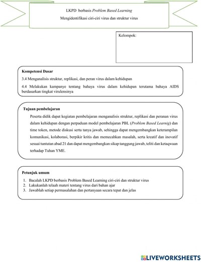 LKPD Virus berbasis Problem Based Learning worksheet