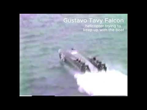 Offshore powerboat race back in the 1980s running into the wind, the helicopter can't keep up