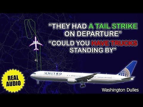 Tail strike on takeoff. United Boeing 767-400 returns to Washington Dulles Airport. Real ATC