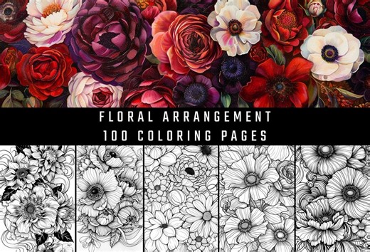 Floral Symphony Coloring Collection | Roses, Dahlias, Anemones & Cosmos | 100 Pages (digital Download) - Etsy