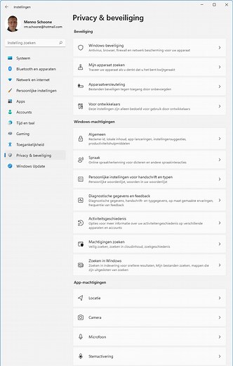 Windows 11 Instellingen, onderdeel Privacy en beveiliging