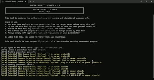 🚀 Introducing Raptor Tool – Advanced Security Scanner After months of development and testing, introduces Raptor Tool, a structured, automation-focused security scanner built for professional penetration testers and bug bounty hunters. The tool follows a clear 5-stage offensive workflow: 🔎 Subdomain Enumeration 📂 JavaScript Crawling 📁 Directory Brute Force 🔐 Parameter Discovery ⚡ Vulnerability Testing (XSS, SQL Injection, OS Command Injection, Path Traversal, LFI/RFI) ⚙️ Operational Modes: 
