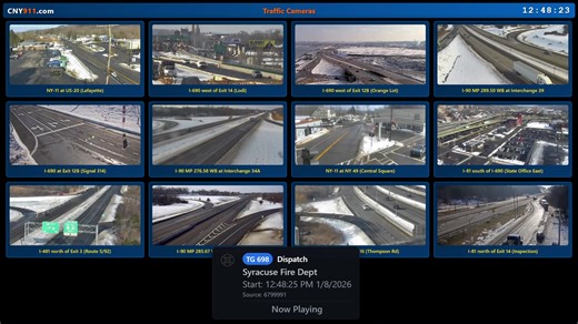 Welcome to the live stream from CNY911.com — real-time public safety radio monitoring for Onondaga County, NY with integrated visuals for situational awareness. What you'll get: Live scanner audio from local emergency services (police, fire, EMS), with automatic channel switching based on active traffic On-screen identifiers showing the current talkgroup/agency, timestamps, and status (active/idle) Rotating info screens including: Active major events pulled from CNY911 systems Weather radar/sate