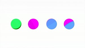 Row of dots changing color. Motion. Four circles with moving color parts. Simple animation with dots changing colors on white background