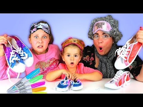 3 Colors Tie Dye Shoes Challenge! Greedy Granny vs Ruby Rube & Bonnie