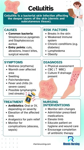 Rhenis Nursing on Instagram: "📍Cellulitis A bacterial infection affecting deeper skin layers (dermis & subcutaneous tissue). 🔹 Causes: Streptococcus & Staphylococcus bacteria via cuts, bites, wounds ⚠️ Risk Factors: Skin breaks, chronic diseases (e.g. diabetes), obesity, lymphedema 🧠 Symptoms: Redness, warmth, swelling, pain, fever, possible lymphangitis 🧪 Diagnosis: Physical assessment, CBC (↑WBC), culture drainage 💊 Treatment: Antibiotics (oral/IV), elevate limb, pain relief 👩‍⚕️ Nursing