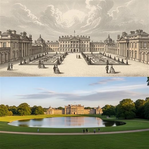 Blenheim Palace in Oxfordshire, the birthplace of Winston Churchill and a UNESCO World Heritage site, presented in an 1850s depiction and its current splendor. Built between 1705 and 1722, this monumental country house stands as a significant example of English Baroque architecture, surrounded by magnificent landscaped gardens designed by Capability Brown. | WarWhiz