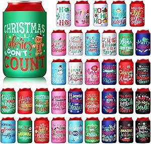 36 Pcs Christmas Beer Can Cooler Sleeves 12 oz Colorful Insulated Neoprene Can Holders Bulk Xmas Holiday Soda Beer Drink Cover for Winter Christmas Party Decorations Supplies (Merry Christmas)