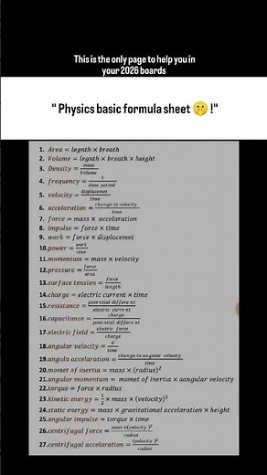 Physics Basic formula sheet #physics #physicswallah #physicsfun #science