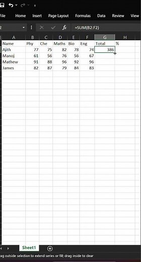 How to find Total marks and Percentage of Students in MS Excel