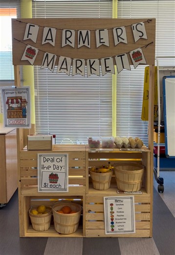 August Dramatic Play: Farmers Market 🍎🍏 Printable from @movemountainsinkindergarten Baskets & food from @Hobby Lobby Register from @IKEA #dramaticplay #iteachk #farmersmarket #tiktokteacher #kindergarten
