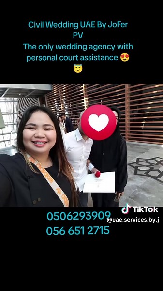 Hassle free Wedding day with our Team😍 PERSONALLY COURT ASSITANCE for your wedding day😍 Civil Wedding UAE By JoFer PV at your service 😇 From the Entrance until the end of the ceremony we are with you. Book your wedding with us! For only 490 aed Inclusions ✅ Wedding Application ✅ Court fee ✅ 2 HARD COPIES OF MARRIAGE CERTIFICATE ✅ Personally court assistance ✅ Free use of Bouquet and Veil Available in Tabby, Credit Card, Tamara, Bank Transfer We have also 📌 Report of Marriage Assistance in em