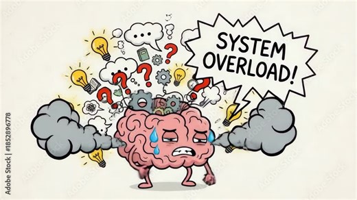 Cartoon brain head struggling with system overload, stress, and mental fatigue, showing a tangled mess of thoughts, gears, and question marks bursting from its head with an urgent speech bubble