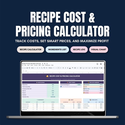 Home Baker Recipe Cost Calculator Spreadsheet | Baking Business Pricing Tool | Ingredient Cost Tracker | Excel Google Sheets Template - Etsy