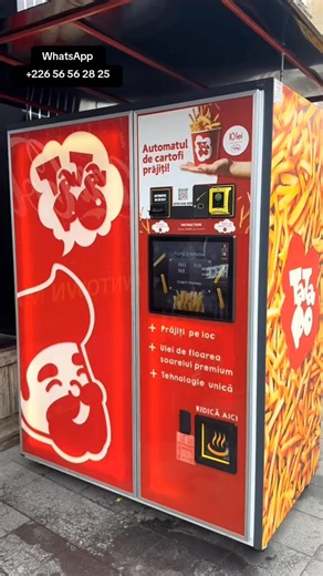 🍟 Machine distributrice automatique de frites « Super French Fries » 🚀 Une innovation culinaire rentable et irrésistible ! Cette machine automatique prépare et distribue des frites chaudes, croustillantes et savoureuses en seulement quelques minutes. Avec son design moderne et attractif en rouge vif, elle attire immédiatement l’attention des passants et suscite l’envie d’achat. ✅ Caractéristiques principales : Préparation instantanée : frites chaudes, dorées et prêtes à déguster en moins de 3 
