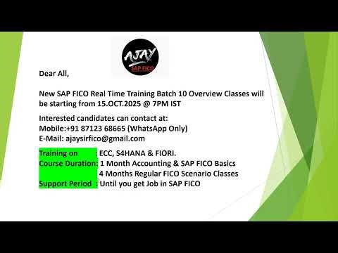 BATCH 10 SAP S4 HANA FICO Demo Sessions starting from 15 OCTOBER 2025 @ 7PM IST