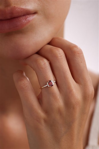 14k Gold Garnet Solitaire Ring: Red Gemstone Engagement, Anniversary - Etsy