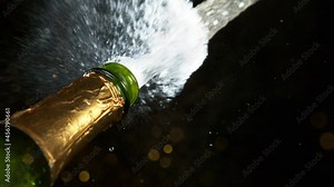Super slow motion of Champagne explosion, opening champagne bottle closeup. Filmed on high speed cinema camera, 1000fps