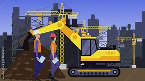 Working on Construction site, on the edge of town with engineers and building machines animation