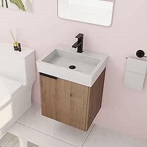 18" Bathroom Vanity with Sink, 18 Inch Floating Bathroom Vanity for Small Space, Modern Bathroom Vanity, Brown Wall Mounted Cabinet Set