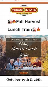 89 reactions · 12 shares | Fall Harvest Lunch Train Join us for our popular Fall Harvest Lunch Trains on October 19th and 26th at 11:00 AM! Enjoy a scenic round trip with a delicious catered lunch aboard the Texas State Railroad. Don’t miss out on this flavorful journey! | Texas State Railroad "Official" | Facebook
