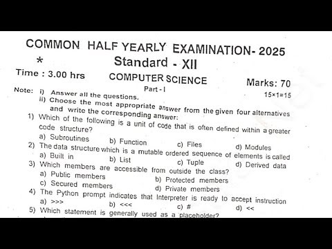 12th computer science Half Yearly question paper 2025| model question paper