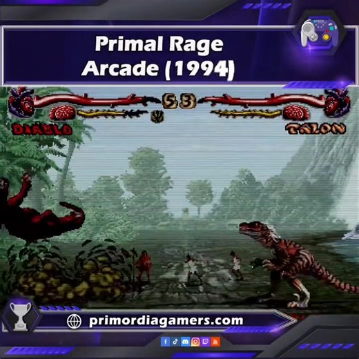 Primal Rage es un juego de lucha bidimensional tradicional en el que dos jugadores seleccionan personajes para luchar entre sí en combates uno contra uno, o un solo jugador se enfrenta a una campaña de peleas contra oponentes de CPU de dificultad creciente. 🤓🧐- Atte: #Jareelith . #VideoJuegos #primordiagamers #Gaming #games #videojuegosretro #retrogaming #PrimalRage #Arcade | Primordia Gamers NLA