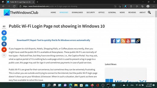 Public Wi-Fi Login Page not showing in Windows 11