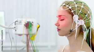 Female patient undergoing an EEG test, showcasing modern healthcare and patient comfort. Perfect for highlighting advanced diagnostic technology and patient-centered care.