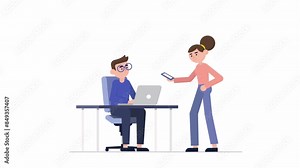2D explainer 4k professional office worker animated video, in front of each other talking and smiling communicating