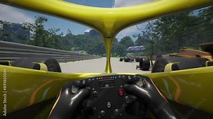 Controlling a fast Sports car on a digital racing circuit in a video game. Sports cars racing on the virtual circuit of a simulator. Sports car overtaking the opponents on a race circuit.