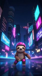 🦥✨ Cute Sloth Roller-Skating in Neon City | Chill Cyberpunk Vibes
