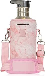 Made Easy Kit Neoprene Water Bottle Carrier Holder with Adjustable Shoulder Strap for Insulating & Carrying Water Container Canteen Flask Available in 5 Sizes (Pink Marble, S (12oz-14oz))