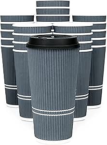 To Go Coffee Cups With Lids - 22 oz Disposable Coffee Cup With Lid. Large Togo Travel Paper Ripple Hot Cups Insulated For Hot, Cold Beverage Drinks, No Sleeves Needed (50, Dusk Grey)