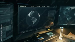 Futuristic spy network tech tracking the satellite location on the 3D globe. Futuristic network tech accessing the target satellite signals. Futuristic computer network tech finding the military base.