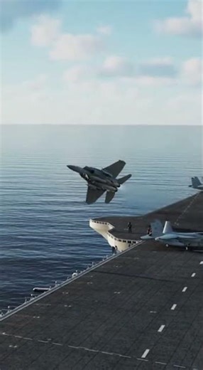 fighter jet performing a vertical stunt landing on an aircraft