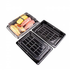 [Hot Item] Custom Take out Sushi Food Packaging Box Square Boat Shape Disposable Plastic Container Sushi Tray with Lid