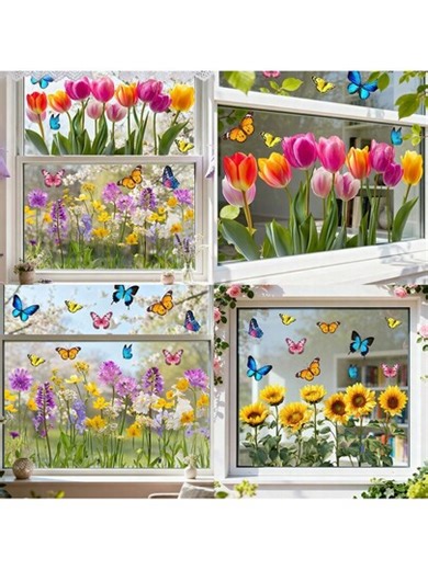 1/3pcs Spring Tulip Sunflower Wild Flower Stickers, Colorful Butterfly Static Cling Window Film, Suitable For Home Living Room Glass Door Decor, Anti-Collision Window Sticker, Reusable, Waterproof, Seasonal Holiday Decor PVC Film | SHEIN