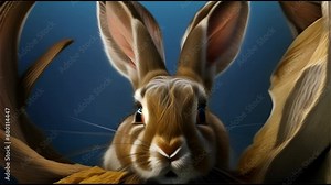 a rabbit bursting through a wall, its large eyes and ears standing out in the darkness, depicting its curious nature