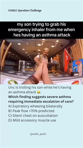 When the lungs go quiet… that’s not calm. That’s CRITICAL 😭💀 ⸻ 3) Explanation The correct answer is C) Silent chest on auscultation. A “silent chest” means minimal to no air movement, which indicates severe airway obstruction. This is a life-threatening finding and suggests impending respiratory failure. These patients require immediate escalation — oxygen, continuous bronchodilators, systemic steroids, possible magnesium, and consideration of intubation. No wheezing ≠ improving. No wheezing =
