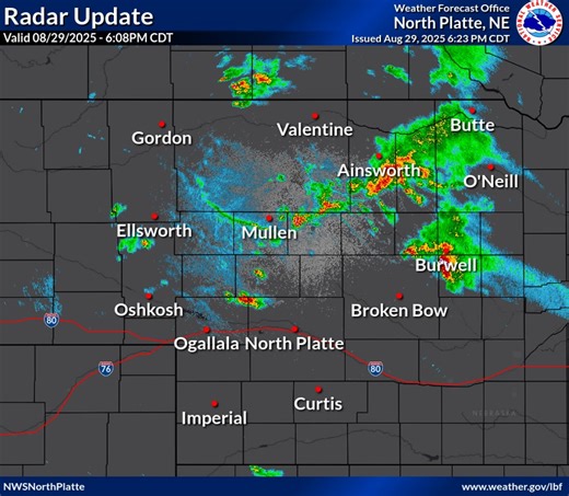 08/29/2025 6:30pm CDT Radar Update: Lots of storms across north central Nebraska. Thus far, nothing but torrential rainfall from this activity. Will need to closely monitor threat for localized flooding. Further southwest, new development closer to I-80 corridor. Activity north of Paxton is diving southeast and could threaten North Platte around 7:30pm or so. Lightning will be a possible prior to that given being downstream beneath the anvil. All activity continues to move southeast. | US Nation