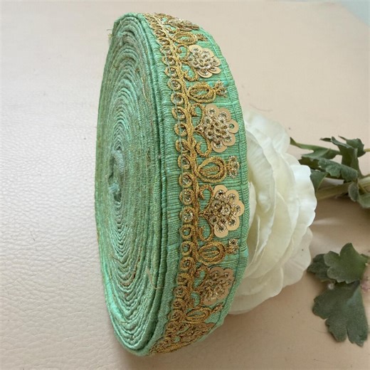 Mint Green and Gold Embroidered Lace Trim Floral Decorative Border for Lehenga, Sewing - 9 Yards - Etsy