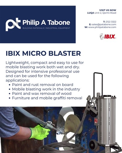 🦺🦺🦺 IBIX MICRO BLASTER 🦺🦺🦺 Lightweight, compact and easy to use for mobile blasting work both wet and dry. Designed for intensive professional use and can be used for the following applications: - Paint and rust removal on board - Mobile blasting work in the industry - Paint and wax removal of wood - Furniture and mobile graffiti removal GET IN TOUCH ☎️ 2122 3322 📲 356 7722 3322 📩 sales@patabone.com 💟Instagram: philipatabone - www.instagram.com/philipatabone 💻www.philipatabone.com #con