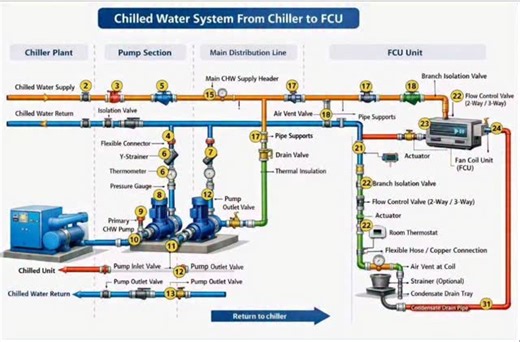 Fire-Engineering on Instagram: "Detailed schematic diagram of a chilled water system, illustrating how chilled water is produced and circulated to a fan coil unit (FCU) for air conditioning. The system involves several components and stages: + System Flow Overview Chiller Plant: The chilled unit produces cold water, typically around 6-7°C (43-45°F), by removing heat through a refrigeration cycle. Pump Section: The primary CHW pump circulates the chilled water from the chiller into the distributi