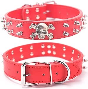 Spiked Leather Dog Collar, Adjustable Cool Skull Studded Pet Collars, 2 Rows Bullet Rivets Premium PU Puppy Neck Belt Fit for Medium to Large Dogs, RED M