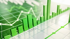 Bar chart with green arrows indicating upward movement of data points, Using technical analysis tools to predict potential stock movements