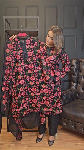 32K views · 92 reactions | Beautiful flower embroidered 2ps suit that looks absolutely stunning and elegant. Price: 1380Tk (kameez & dupatta) Size: 36,38,40,42,44,46 Long: 41 Fabric: Pure Cotton Dupatta: Thin Cotton Code: AC-01 Colour: Black | Deshii | Facebook
