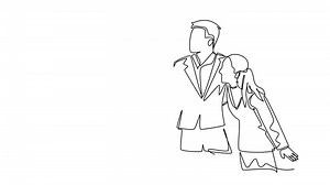 Animated self drawing of continuous line draw of young male and female business people posing hugging each other to celebrate their success. Business goal achievement. Full length one line animation