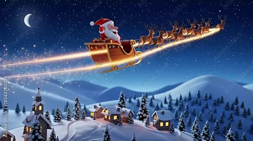 Santa Claus flying through night sky with reindeer on sleigh